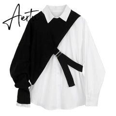 Aiertu  Women White Knitting Split Big Size Blouse New Lapel Long Sleeve Loose Fit Shirt Fashion Tide Spring Autumn 1DC019 Aiertu