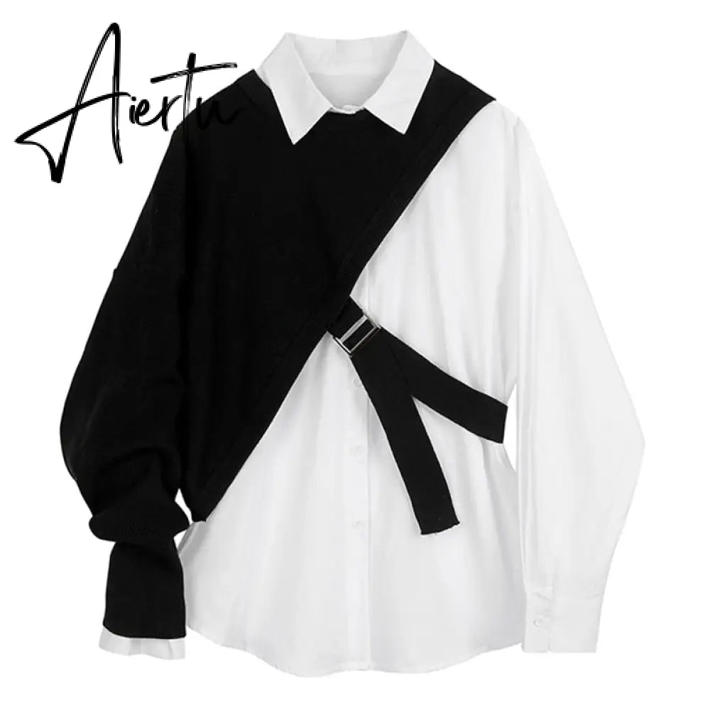 Aiertu  Women White Knitting Split Big Size Blouse New Lapel Long Sleeve Loose Fit Shirt Fashion Tide Spring Autumn 1DC019 Aiertu