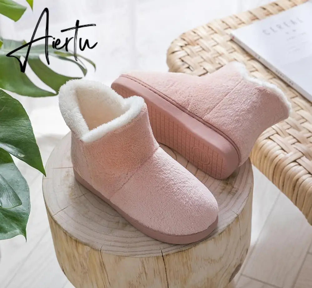 Aiertu Women Winter Slippers Warm Plush Slip-on Couples Home Floor Shoes Anti-slip Comfortable Flats Female Warm Faux Fur Slippers Aiertu