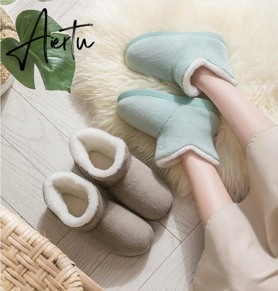 Aiertu Women Winter Slippers Warm Plush Slip-on Couples Home Floor Shoes Anti-slip Comfortable Flats Female Warm Faux Fur Slippers Aiertu