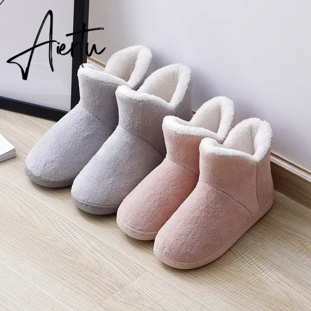 Aiertu Women Winter Slippers Warm Plush Slip-on Couples Home Floor Shoes Anti-slip Comfortable Flats Female Warm Faux Fur Slippers Aiertu