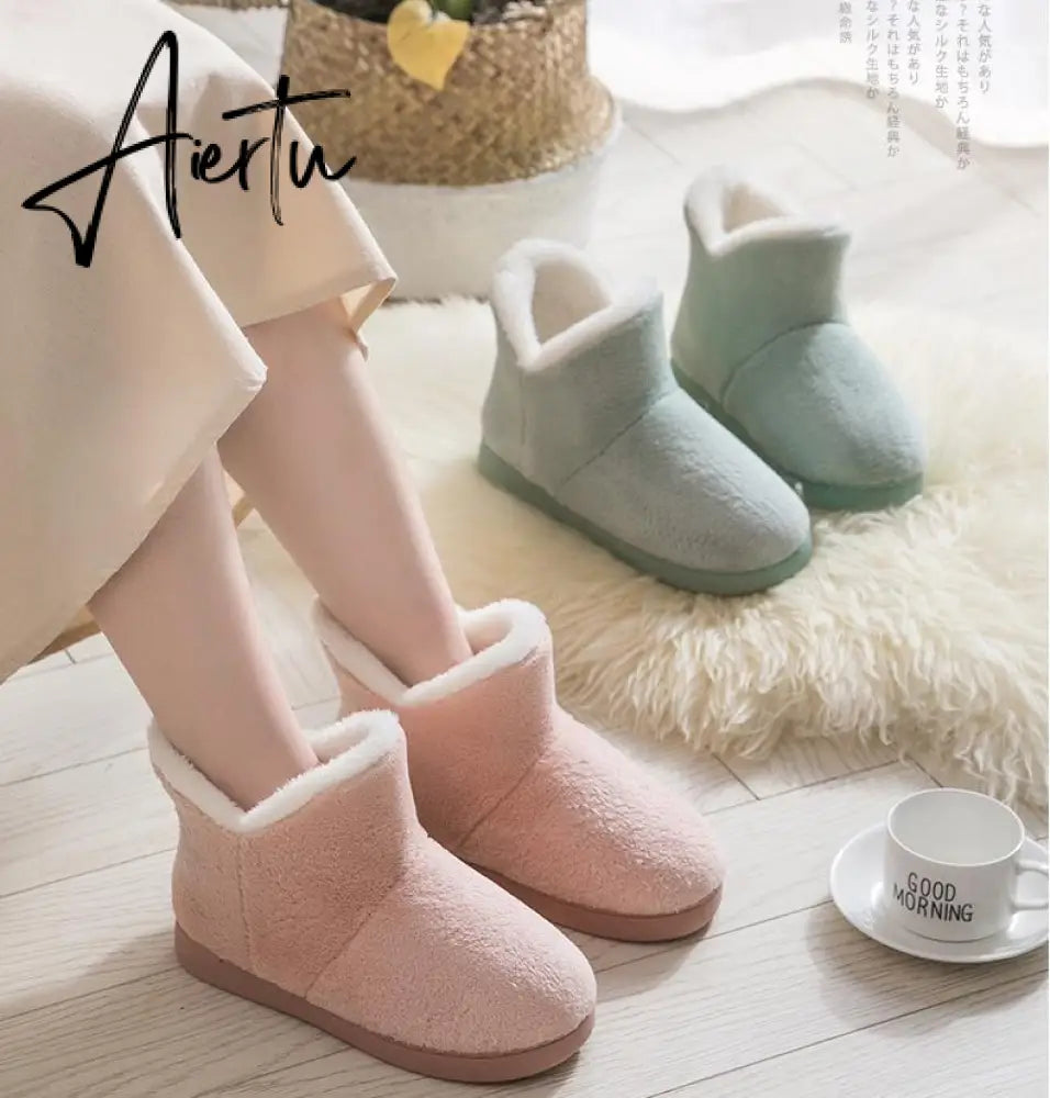 Aiertu Women Winter Slippers Warm Plush Slip-on Couples Home Floor Shoes Anti-slip Comfortable Flats Female Warm Faux Fur Slippers Aiertu