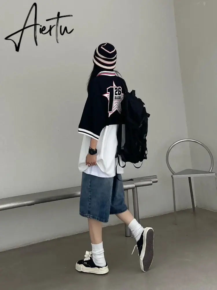 Aiertu  Women Y2K Baggy Jorts Vintage Wide Leg Knee Length Jeans American Streetwear Casual Washed Oversize Summer Denim Shorts Aiertu
