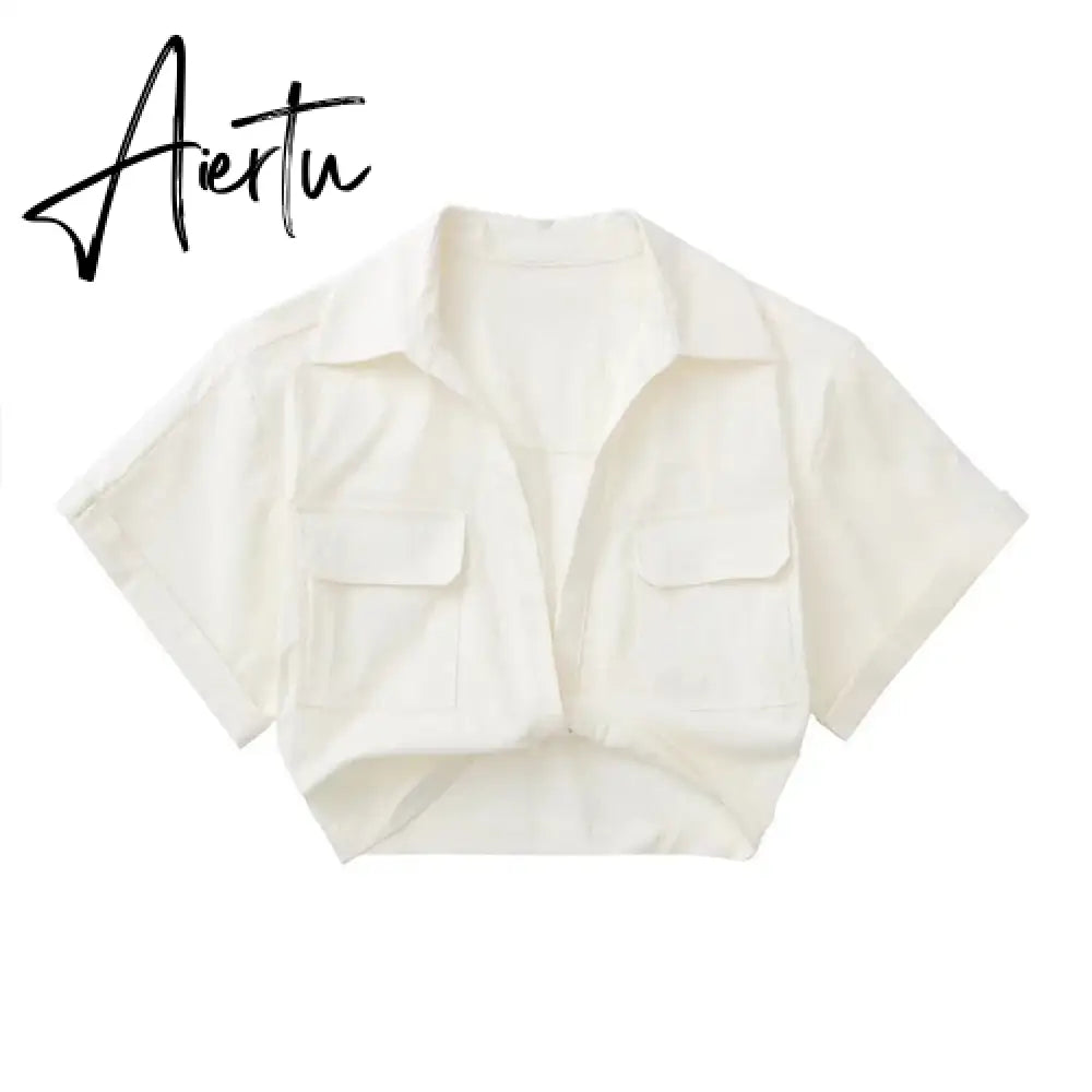 Aiertu  Women's Crop Top Collared Short Sleeve Shirt Women Summer Knotted Linen Blouse Woman Streetwear Casual Blouses Aiertu