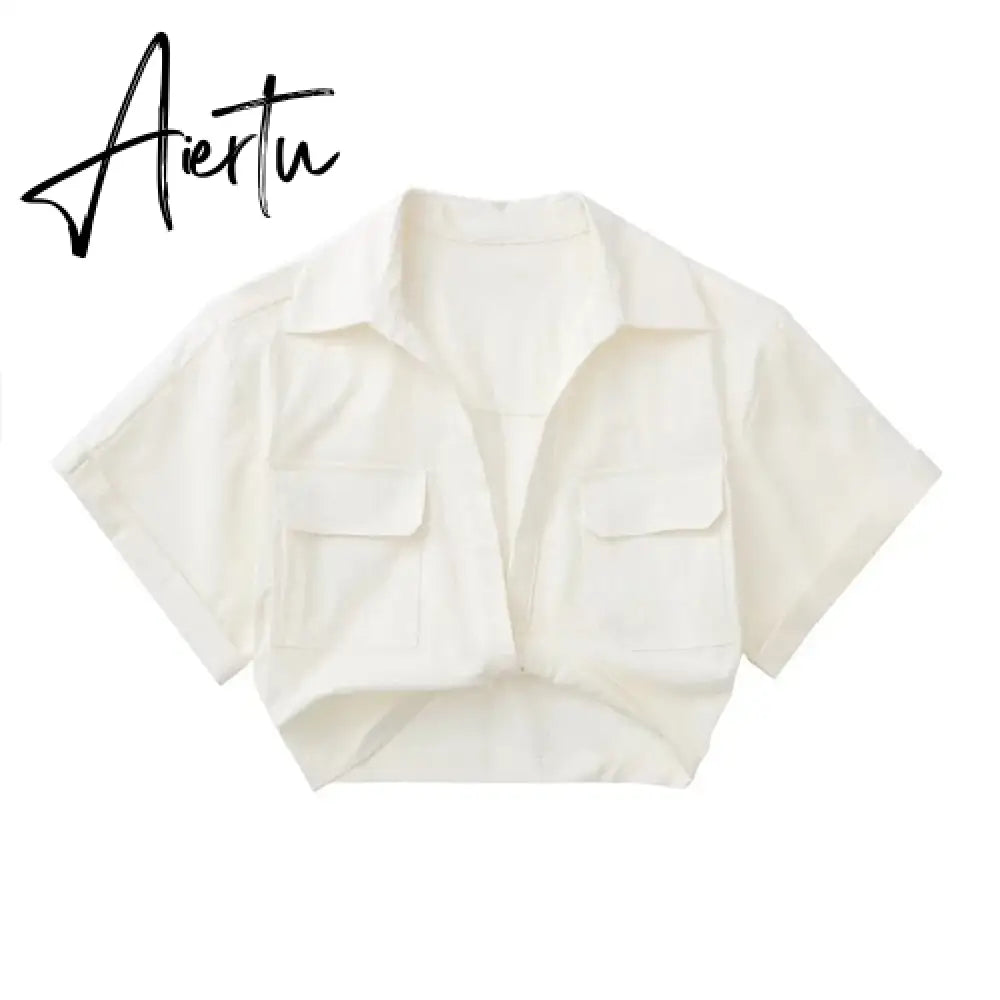 Aiertu  Women's Crop Top Collared Short Sleeve Shirt Women Summer Knotted Linen Blouse Woman Streetwear Casual Blouses Aiertu