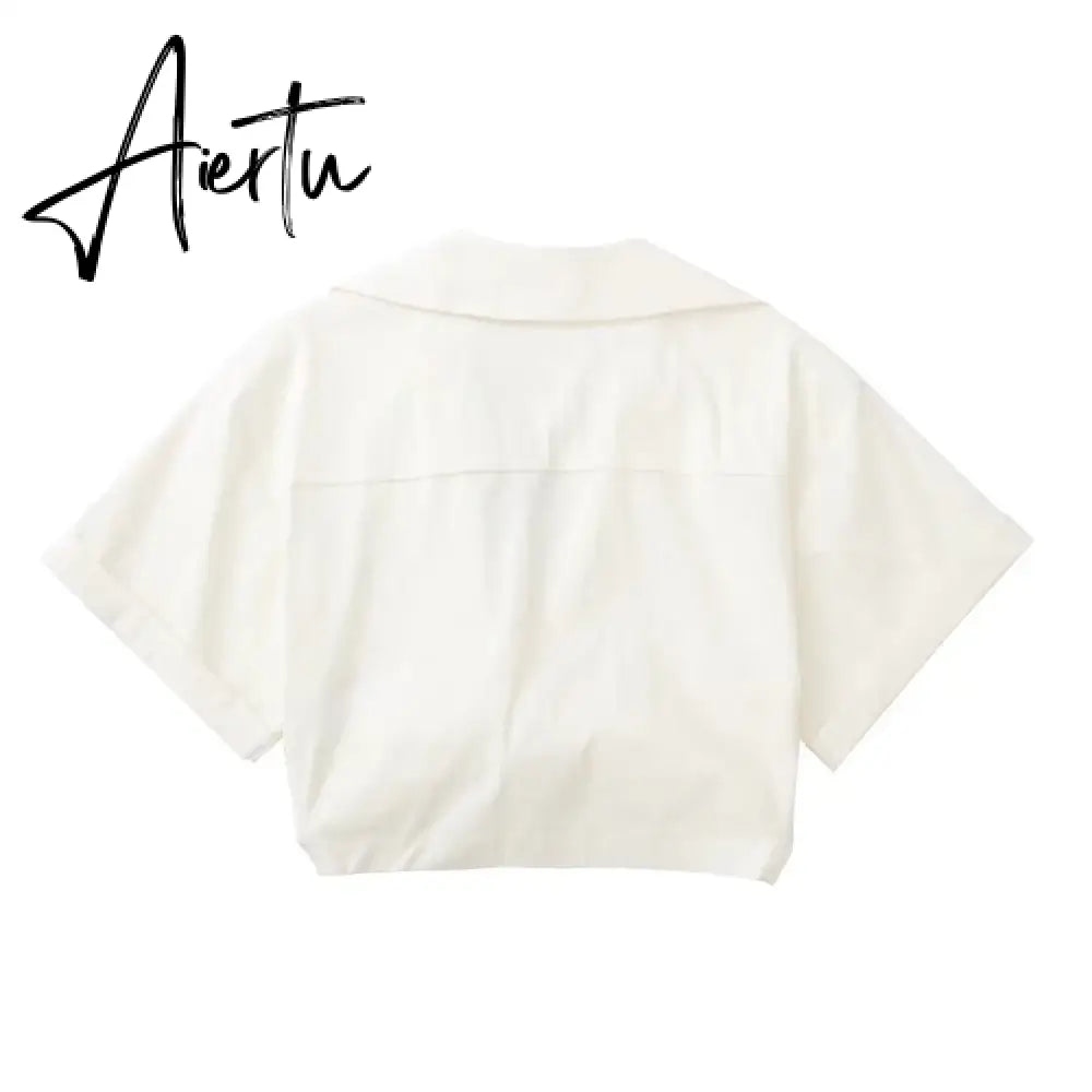 Aiertu  Women's Crop Top Collared Short Sleeve Shirt Women Summer Knotted Linen Blouse Woman Streetwear Casual Blouses Aiertu