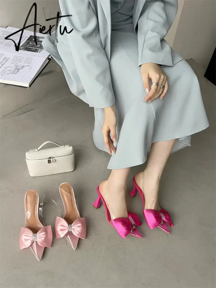 Aiertu Women's Crystal Silk Butterfly Knot Decorative Single Shoe 2024 Transparent PVC Pointed SlingbacksHigh HeelsWedding Dress Aiertu