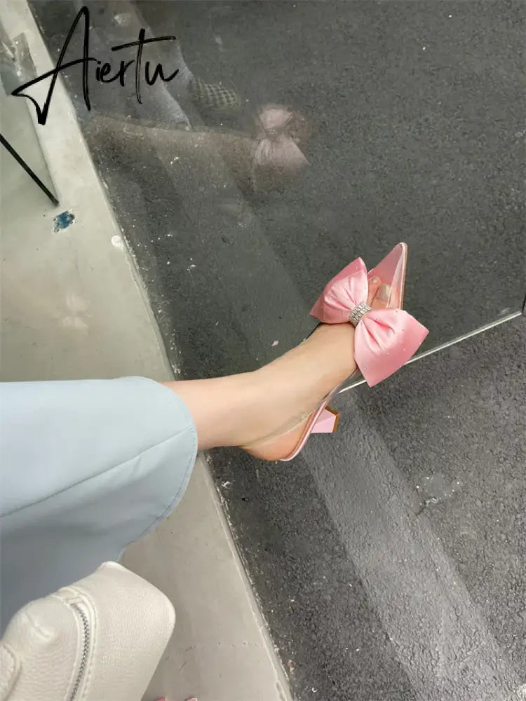 Aiertu Women's Crystal Silk Butterfly Knot Decorative Single Shoe 2024 Transparent PVC Pointed SlingbacksHigh HeelsWedding Dress Aiertu