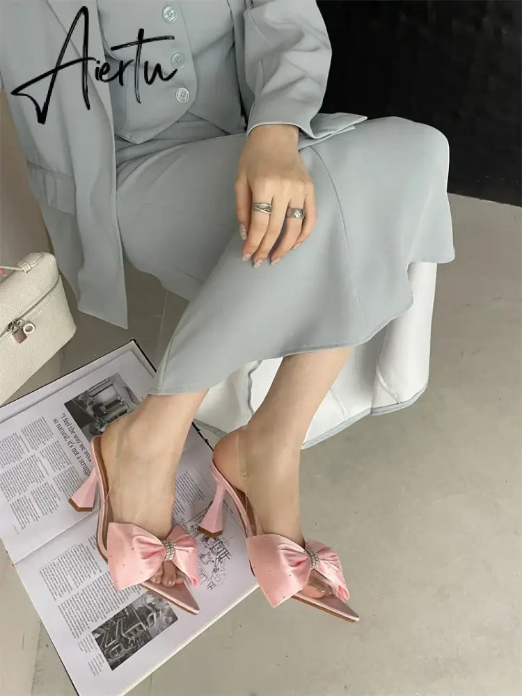 Aiertu Women's Crystal Silk Butterfly Knot Decorative Single Shoe 2024 Transparent PVC Pointed SlingbacksHigh HeelsWedding Dress Aiertu