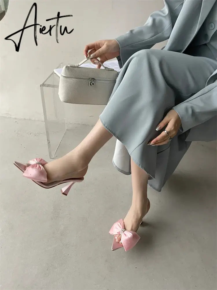 Aiertu Women's Crystal Silk Butterfly Knot Decorative Single Shoe 2024 Transparent PVC Pointed SlingbacksHigh HeelsWedding Dress Aiertu