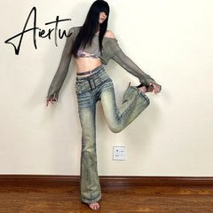 Aiertu Women's Denim Pants Y2k Retro Blue Flare Pants Streetwear High Waist Jeans Vintage Harajuku Denim Wide Leg Pants Fashion Clothes Aiertu