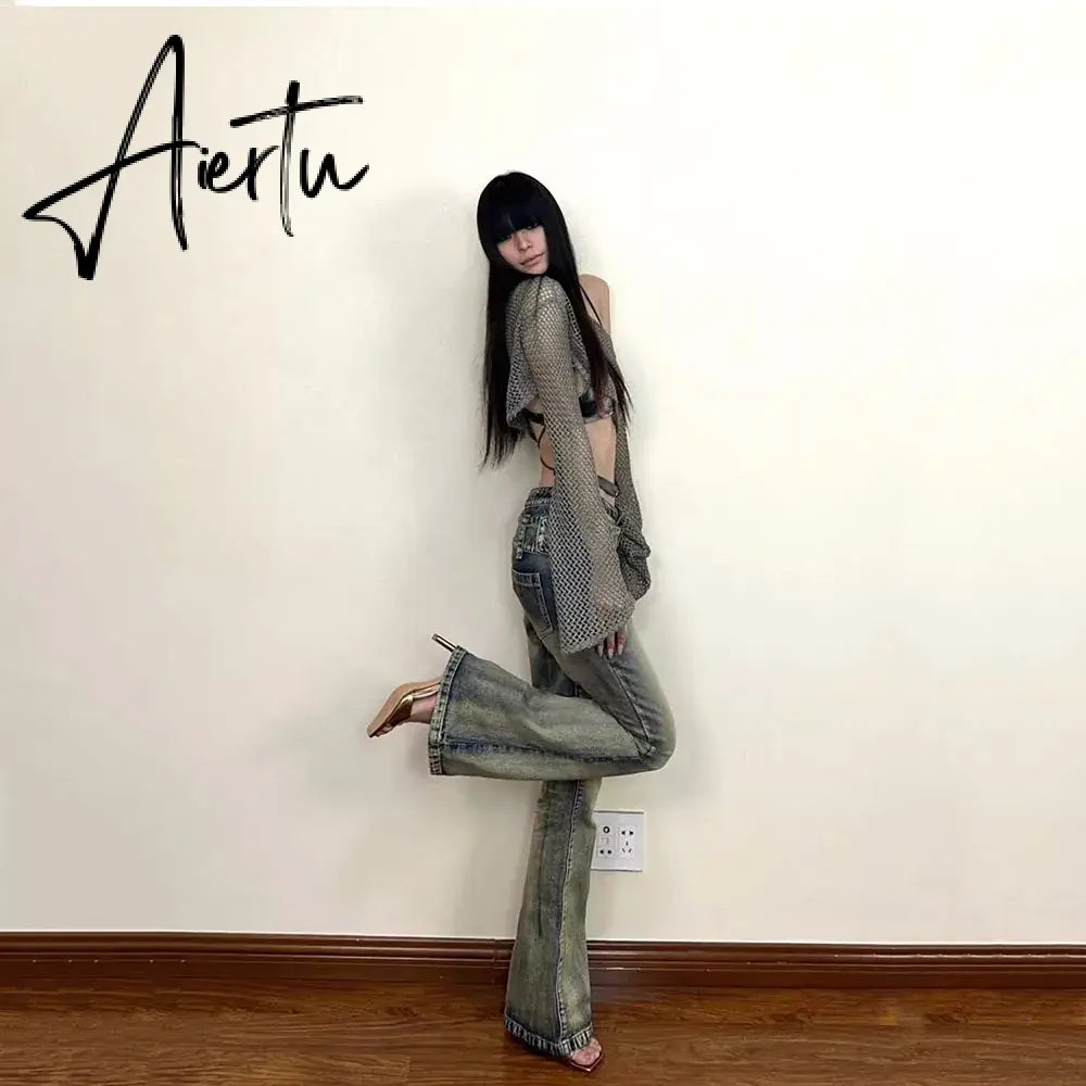 Aiertu Women's Denim Pants Y2k Retro Blue Flare Pants Streetwear High Waist Jeans Vintage Harajuku Denim Wide Leg Pants Fashion Clothes Aiertu