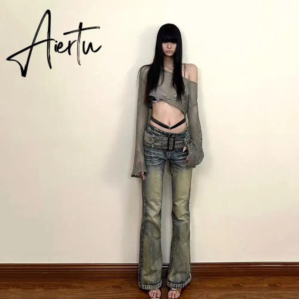 Aiertu Women's Denim Pants Y2k Retro Blue Flare Pants Streetwear High Waist Jeans Vintage Harajuku Denim Wide Leg Pants Fashion Clothes Aiertu