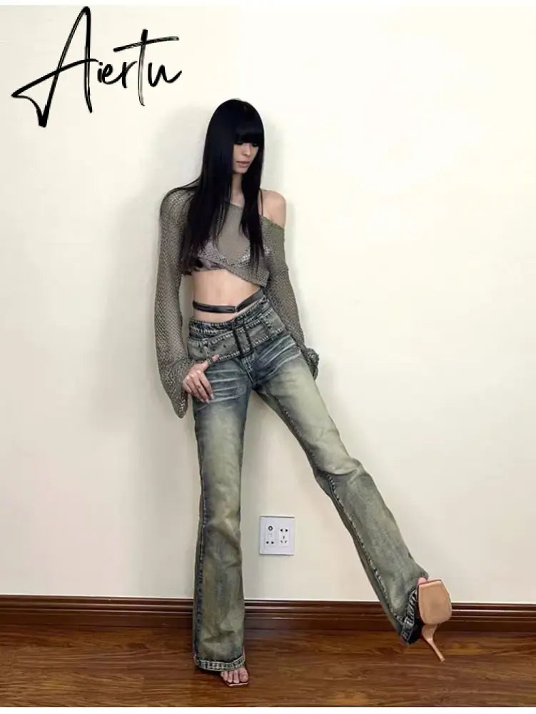 Aiertu Women's Denim Pants Y2k Retro Blue Flare Pants Streetwear High Waist Jeans Vintage Harajuku Denim Wide Leg Pants Fashion Clothes Aiertu