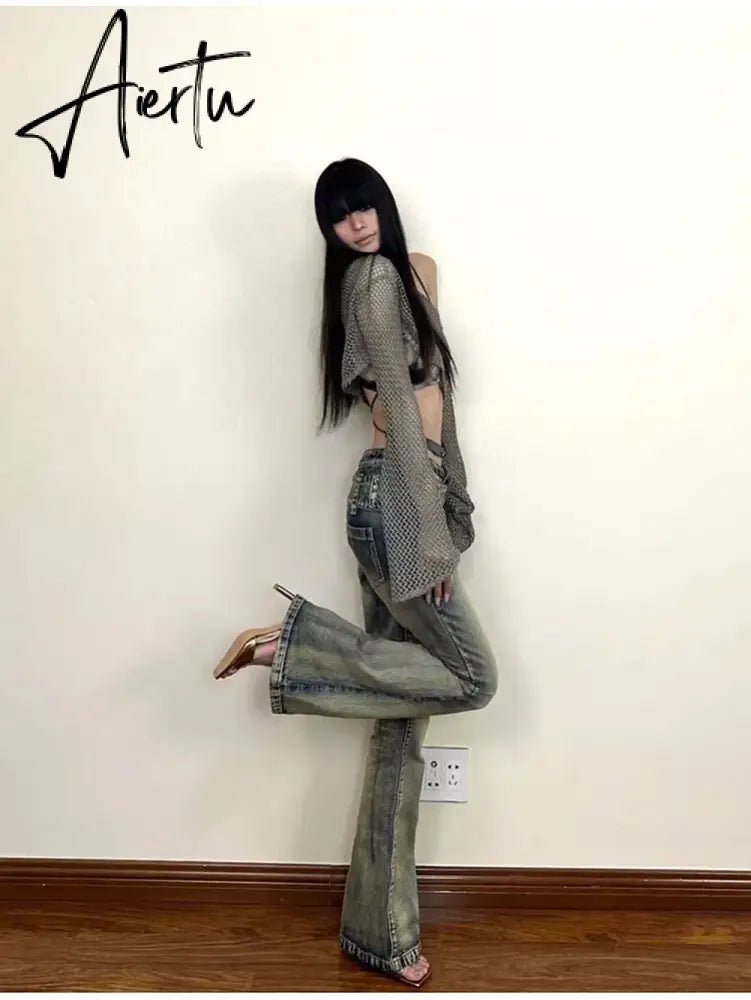 Aiertu Women's Denim Pants Y2k Retro Blue Flare Pants Streetwear High Waist Jeans Vintage Harajuku Denim Wide Leg Pants Fashion Clothes Aiertu