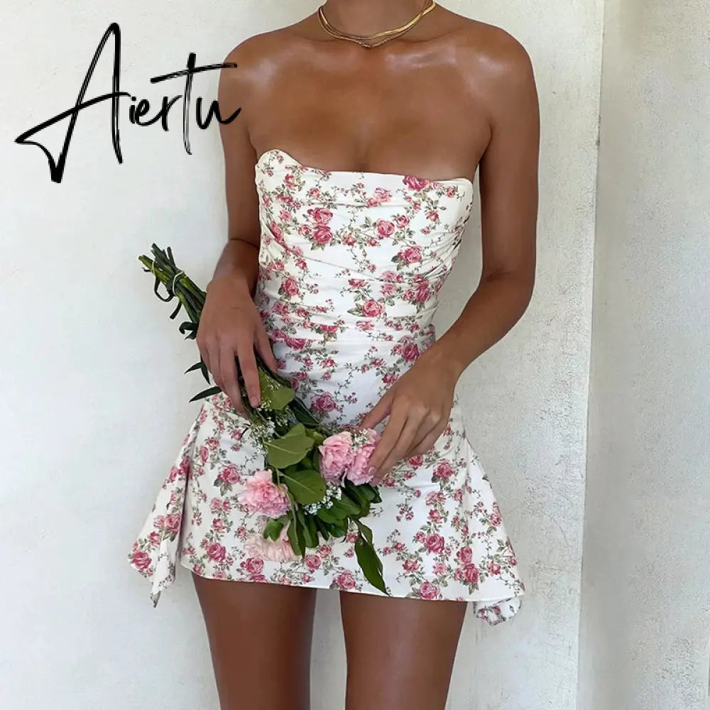 Aiertu Women's Elegant Short Dress Breasted Floral Slim Large Backless European and American Casual Vacation Style Spice Short Dresses Aiertu