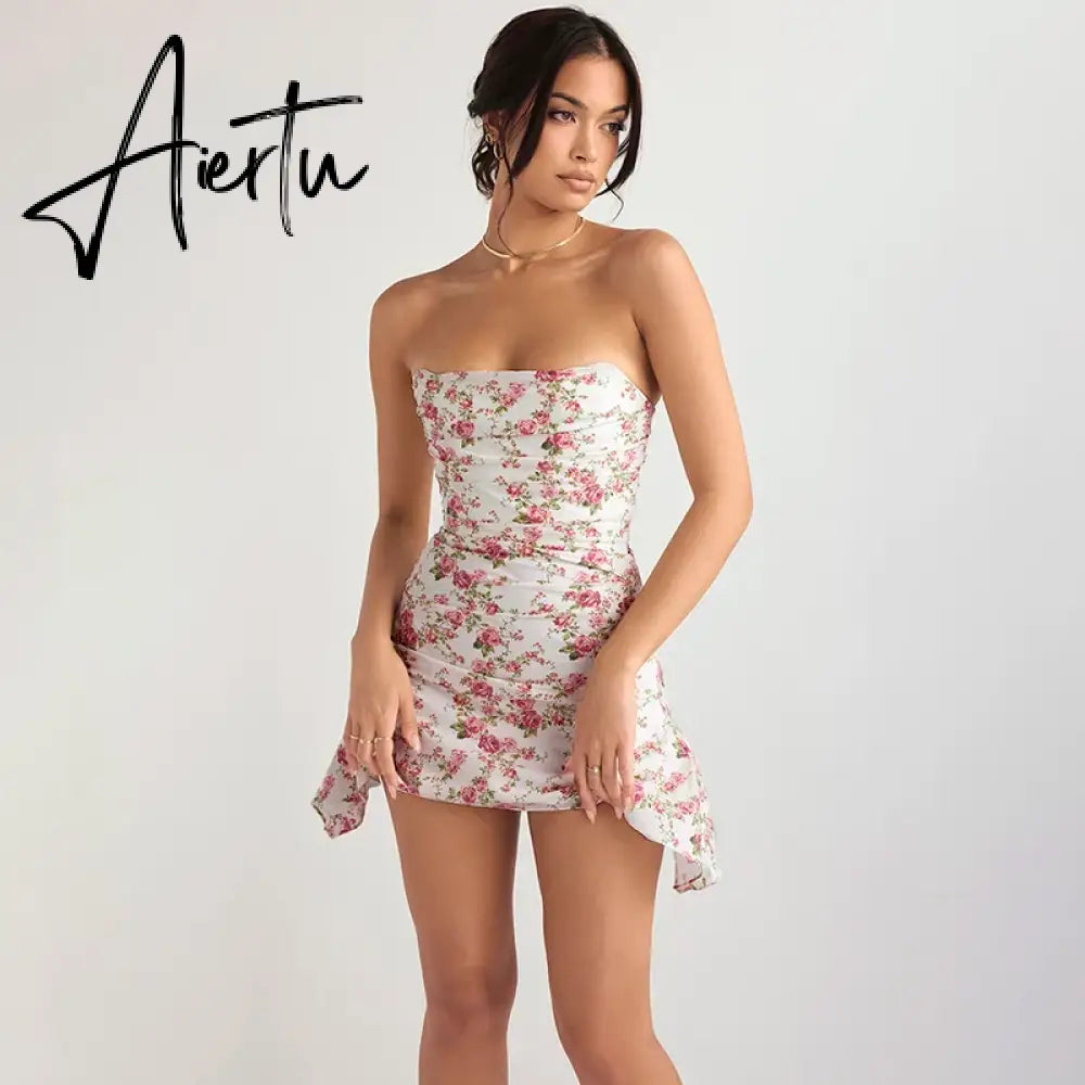 Aiertu Women's Elegant Short Dress Breasted Floral Slim Large Backless European and American Casual Vacation Style Spice Short Dresses Aiertu