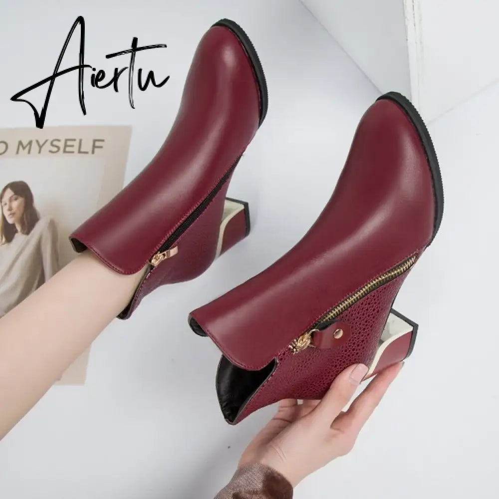 Aiertu Women's Fashion Side Zipper Ankle Boots Autumn/ Winter  Boots Pointed High Quality Solid Ladies Shoes PU High Heels Boots Aiertu