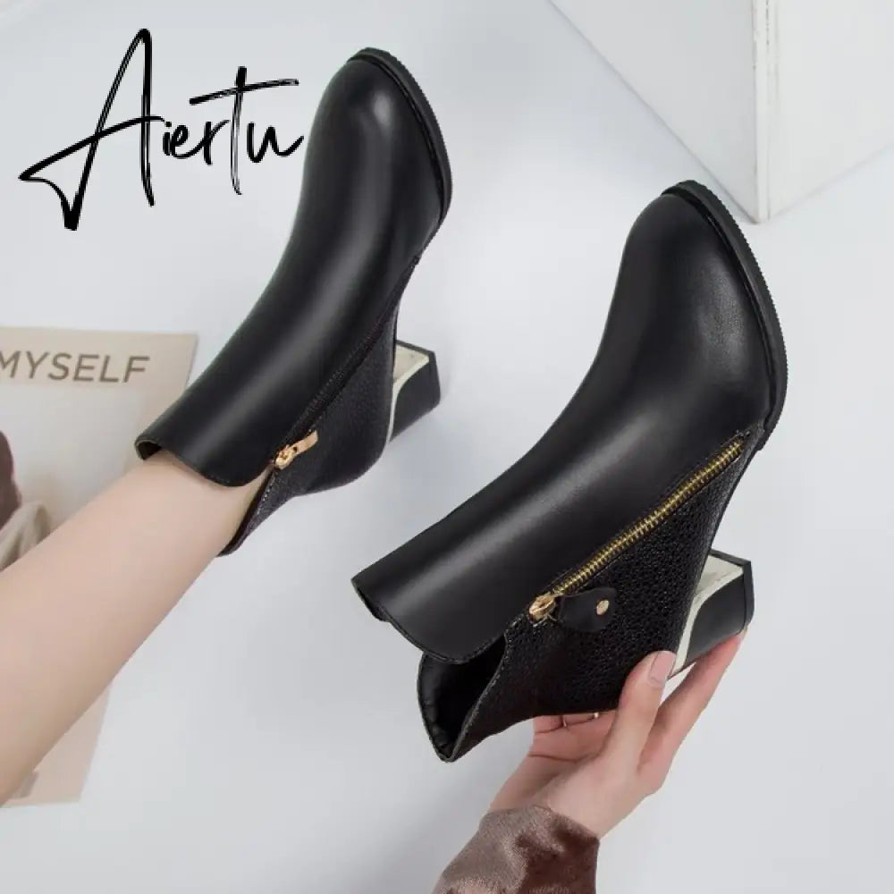 Aiertu Women's Fashion Side Zipper Ankle Boots Autumn/ Winter  Boots Pointed High Quality Solid Ladies Shoes PU High Heels Boots Aiertu