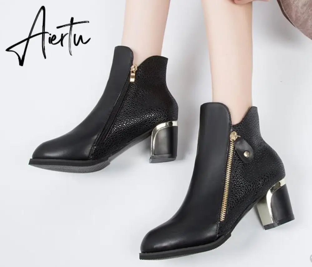 Aiertu Women's Fashion Side Zipper Ankle Boots Autumn/ Winter  Boots Pointed High Quality Solid Ladies Shoes PU High Heels Boots Aiertu