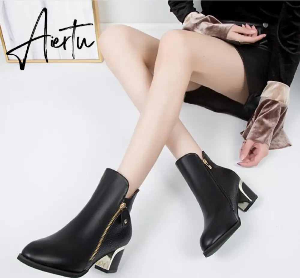 Aiertu Women's Fashion Side Zipper Ankle Boots Autumn/ Winter  Boots Pointed High Quality Solid Ladies Shoes PU High Heels Boots Aiertu
