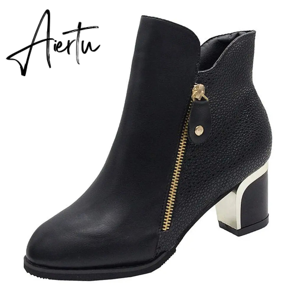 Aiertu Women's Fashion Side Zipper Ankle Boots Autumn/ Winter  Boots Pointed High Quality Solid Ladies Shoes PU High Heels Boots Aiertu
