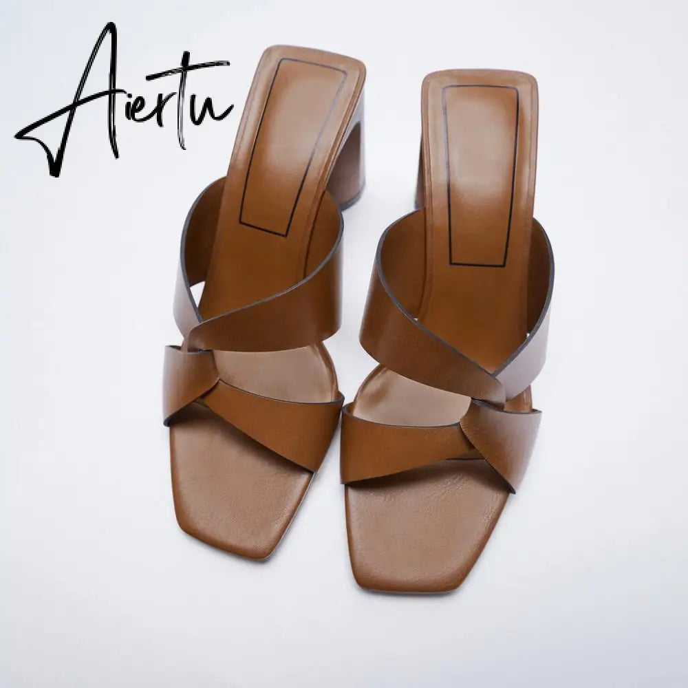 Aiertu Women's High Heel Sandals Summer New Women's Shoes Square Brown Thick Heel Leather Sandals Aiertu