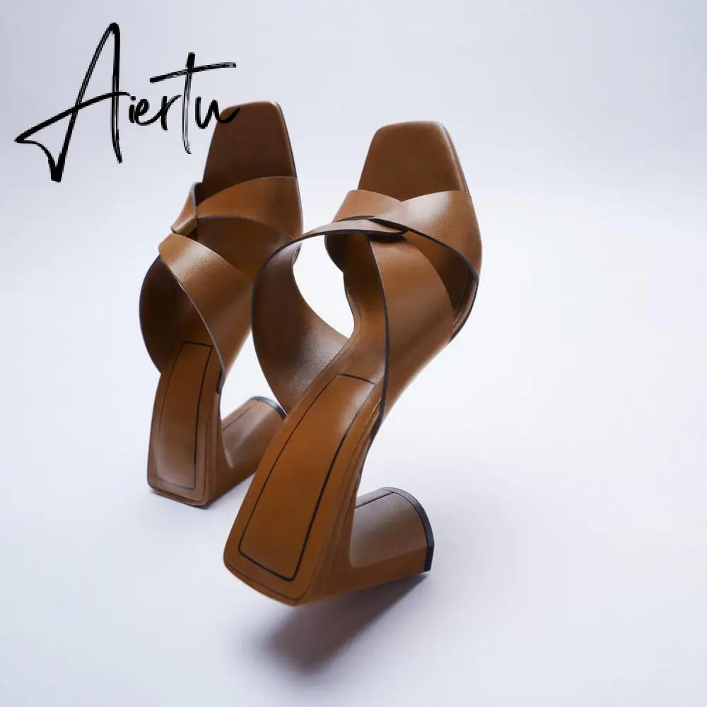 Aiertu Women's High Heel Sandals Summer New Women's Shoes Square Brown Thick Heel Leather Sandals Aiertu