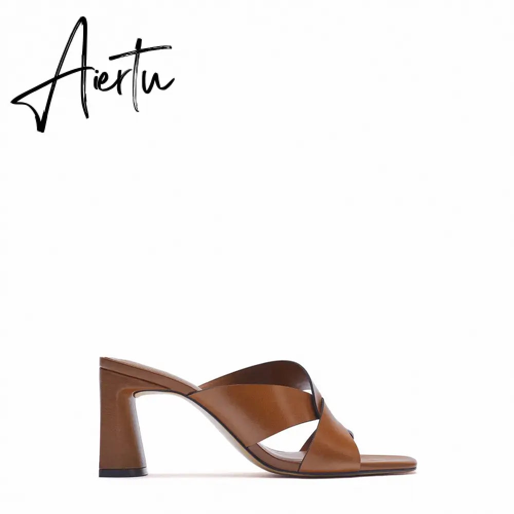 Aiertu Women's High Heel Sandals Summer New Women's Shoes Square Brown Thick Heel Leather Sandals Aiertu