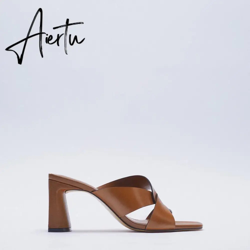 Aiertu Women's High Heel Sandals Summer New Women's Shoes Square Brown Thick Heel Leather Sandals Aiertu