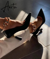 Aiertu Womens High Heels Chain Gold Black Beige Shoes Sexy Comfortable Leather Pumps Stiletto туфли женские Ladies Lolita Aiertu