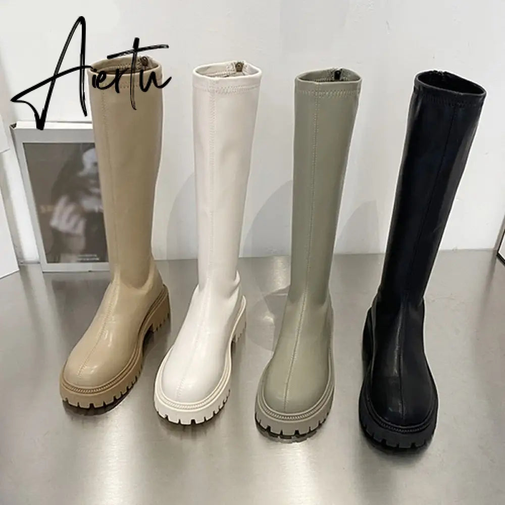 Aiertu Women's Knee High Boots Soft Leather Zipper Ladies Shoes Winter Long Boots Platform Footwear Woman Fashion Warm Boots Aiertu