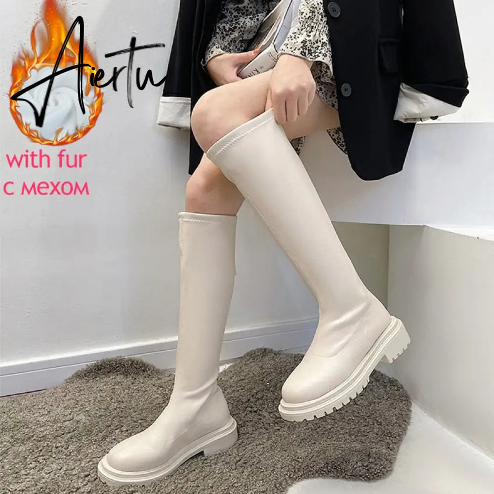 Aiertu Women's Knee High Boots Soft Leather Zipper Ladies Shoes Winter Long Boots Platform Footwear Woman Fashion Warm Boots Aiertu