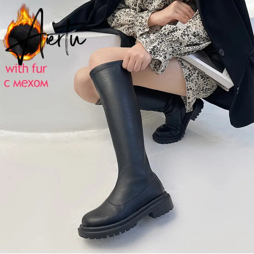 Aiertu Women's Knee High Boots Soft Leather Zipper Ladies Shoes Winter Long Boots Platform Footwear Woman Fashion Warm Boots Aiertu