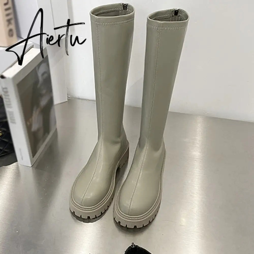 Aiertu Women's Knee High Boots Soft Leather Zipper Ladies Shoes Winter Long Boots Platform Footwear Woman Fashion Warm Boots Aiertu