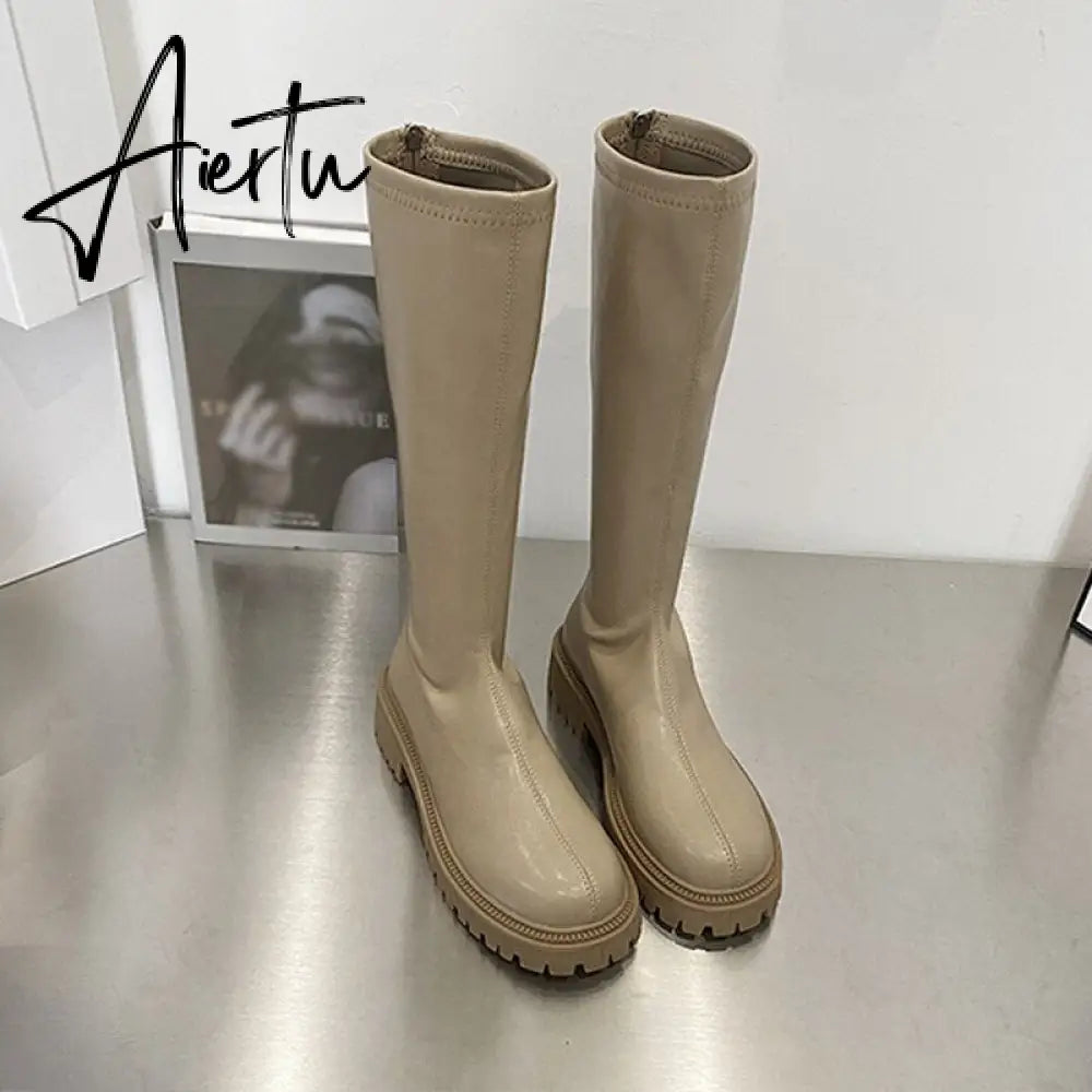 Aiertu Women's Knee High Boots Soft Leather Zipper Ladies Shoes Winter Long Boots Platform Footwear Woman Fashion Warm Boots Aiertu