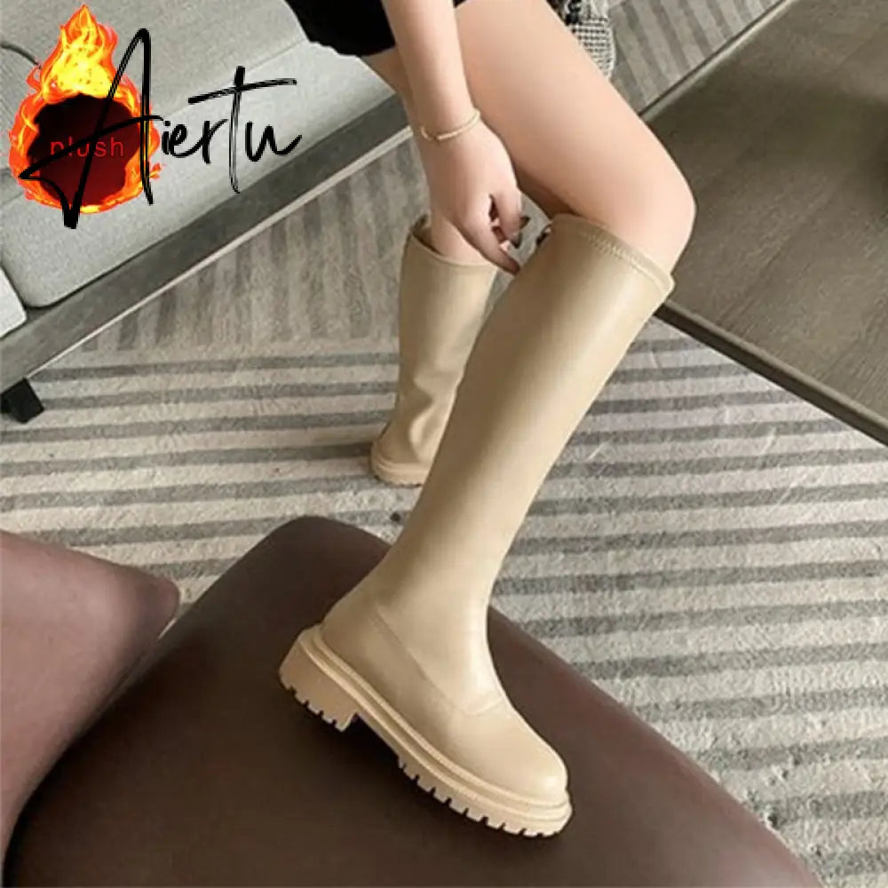 Aiertu Women's Knee High Boots Soft Leather Zipper Ladies Shoes Winter Long Boots Platform Footwear Woman Fashion Warm Boots Aiertu