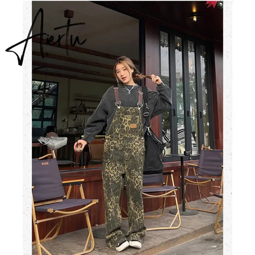 Aiertu Women's Leopard Print Straps Jeans Straight Vintage Baggy Casual Fashion Wide Leg Pants Self Cultivation Denim Trouser Ladies Aiertu