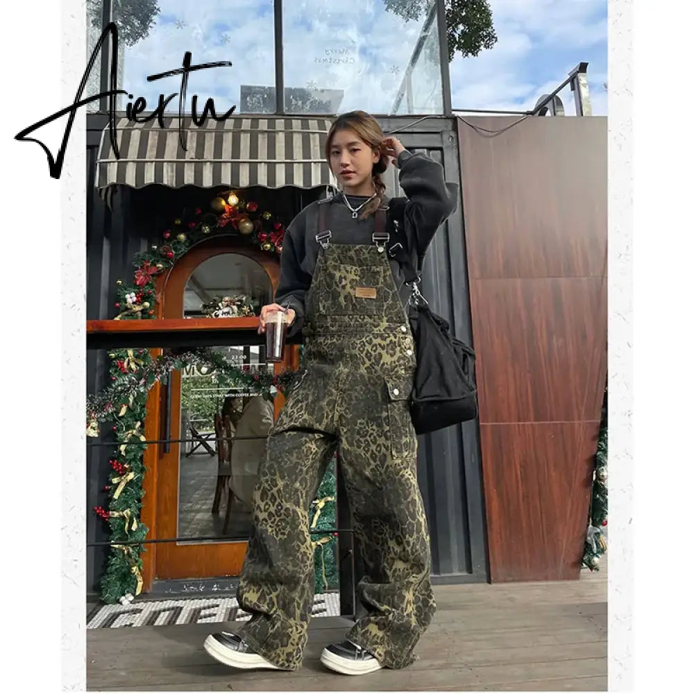 Aiertu Women's Leopard Print Straps Jeans Straight Vintage Baggy Casual Fashion Wide Leg Pants Self Cultivation Denim Trouser Ladies Aiertu