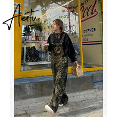 Aiertu Women's Leopard Print Straps Jeans Straight Vintage Baggy Casual Fashion Wide Leg Pants Self Cultivation Denim Trouser Ladies Aiertu