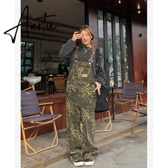 Aiertu Women's Leopard Print Straps Jeans Straight Vintage Baggy Casual Fashion Wide Leg Pants Self Cultivation Denim Trouser Ladies Aiertu