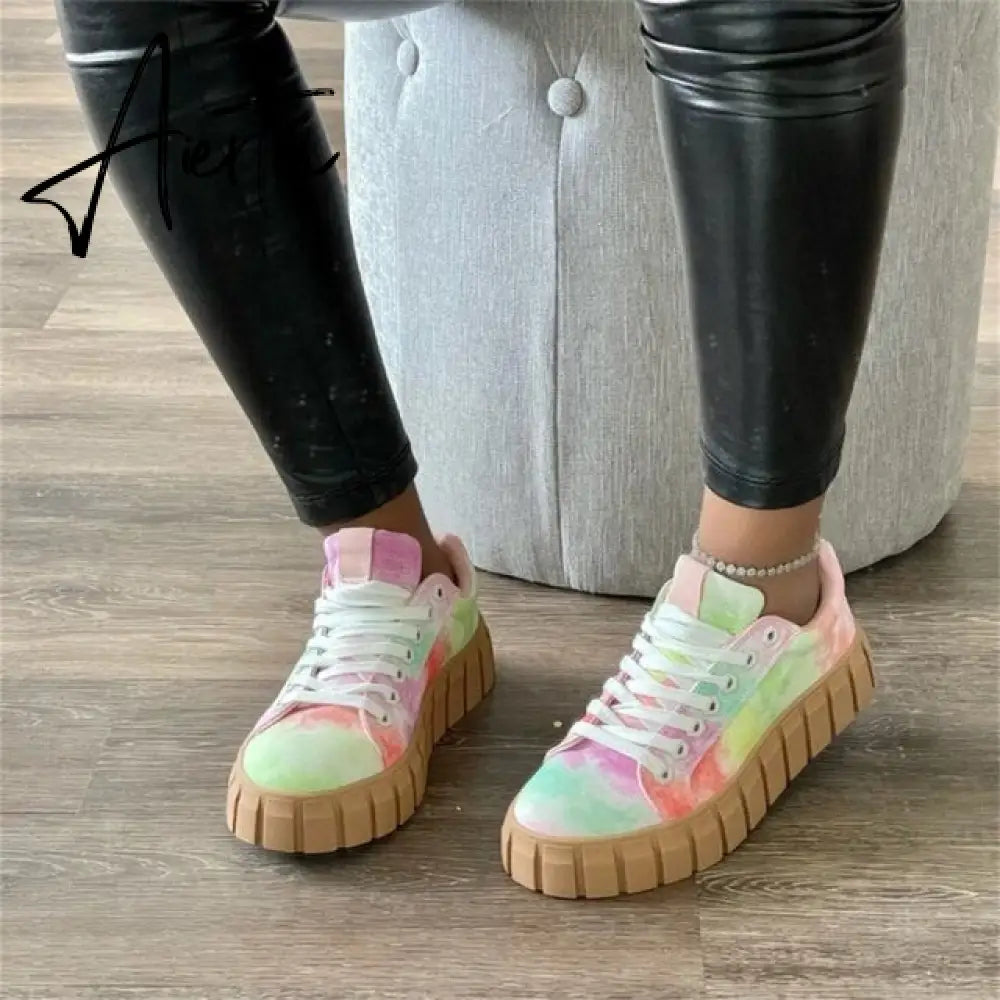 Aiertu Women's Multi Color Sneakers New All Season Thick Bottom Ladies Lace Up Comfy Vulcanized Shoes Fashion Large-Sized Flats Aiertu