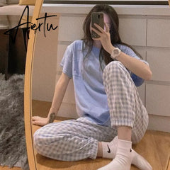 Aiertu Women's Pajamas Summer Night Home Suit Pyjamas Korean Style Solid Color Grid Pijamas Homewear Sleepwear Nightwear Cute Aiertu
