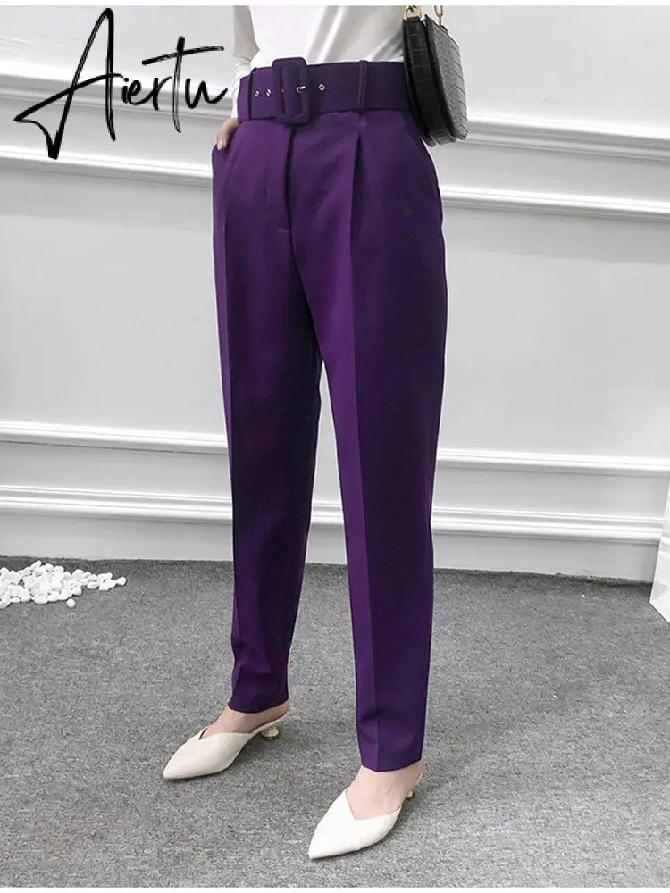 Aiertu  Women's Pants High Waist With Belt Classic Pockets Office Lady Ankle Length Trousers Female Spring Fashion Pink Harem Pants Aiertu