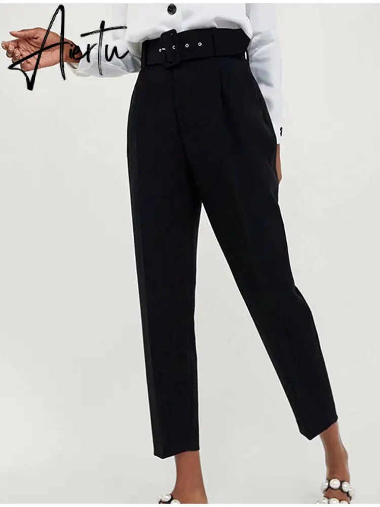 Aiertu  Women's Pants High Waist With Belt Classic Pockets Office Lady Ankle Length Trousers Female Spring Fashion Pink Harem Pants Aiertu