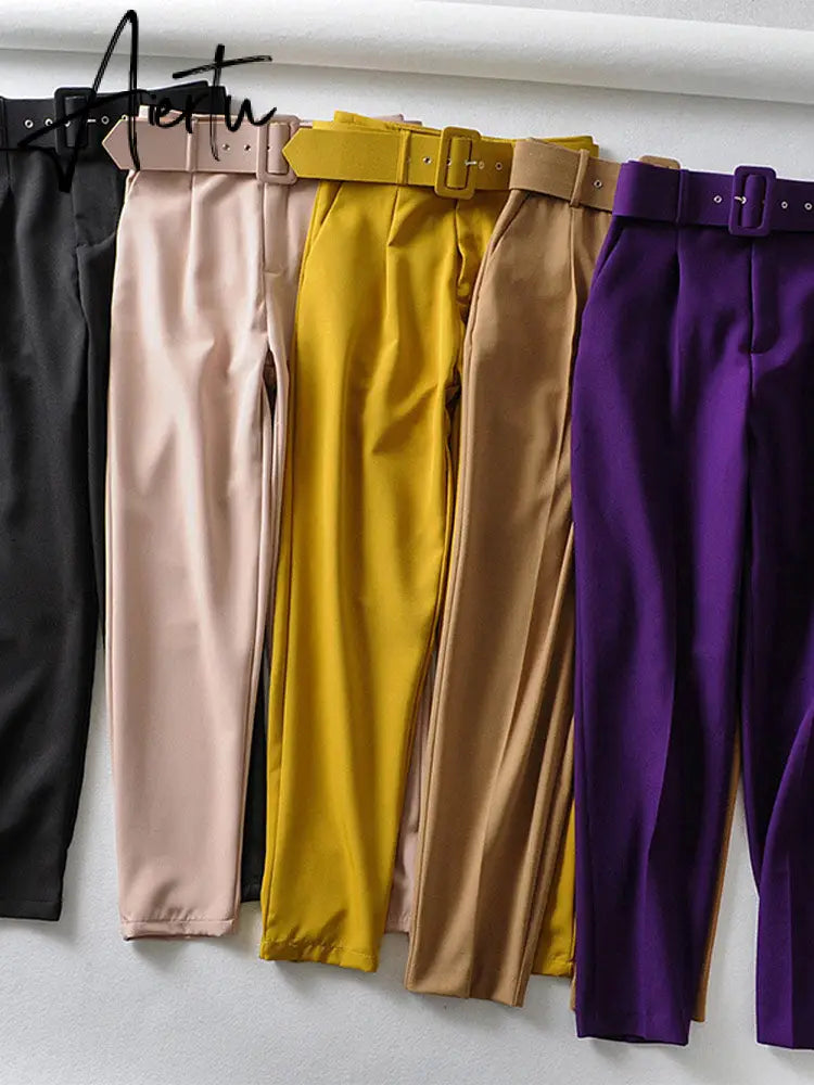 Aiertu  Women's Pants High Waist With Belt Classic Pockets Office Lady Ankle Length Trousers Female Spring Fashion Pink Harem Pants Aiertu