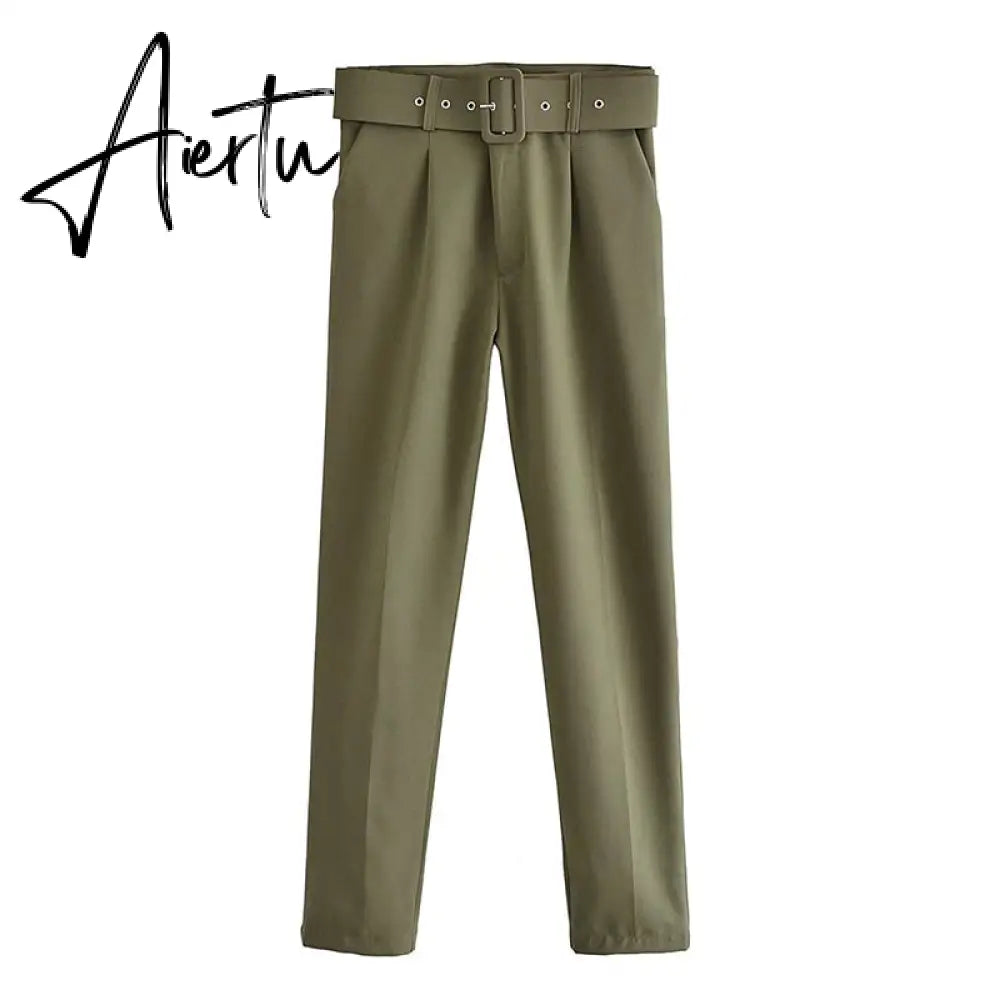 Aiertu  Women's Pants High Waist With Belt Classic Pockets Office Lady Ankle Length Trousers Female Spring Fashion Pink Harem Pants Aiertu