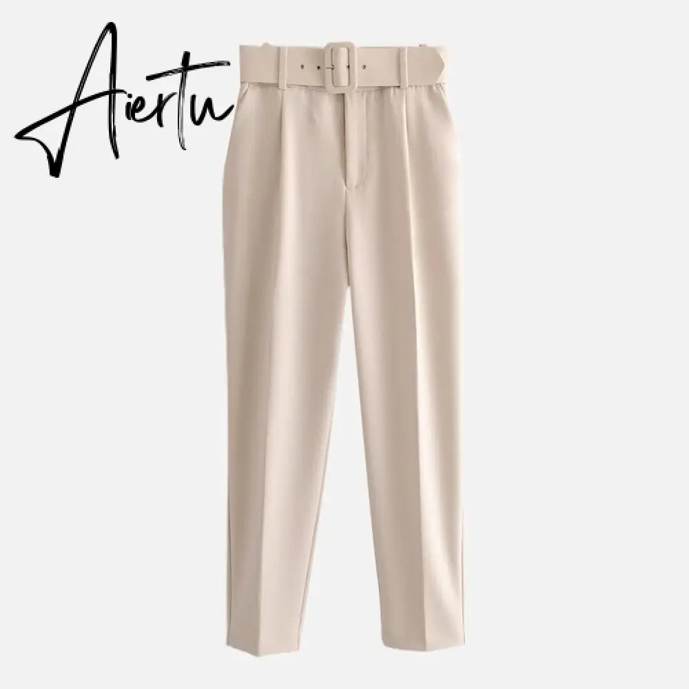Aiertu  Women's Pants High Waist With Belt Classic Pockets Office Lady Ankle Length Trousers Female Spring Fashion Pink Harem Pants Aiertu