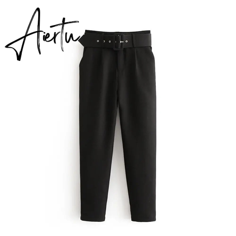 Aiertu  Women's Pants High Waist With Belt Classic Pockets Office Lady Ankle Length Trousers Female Spring Fashion Pink Harem Pants Aiertu