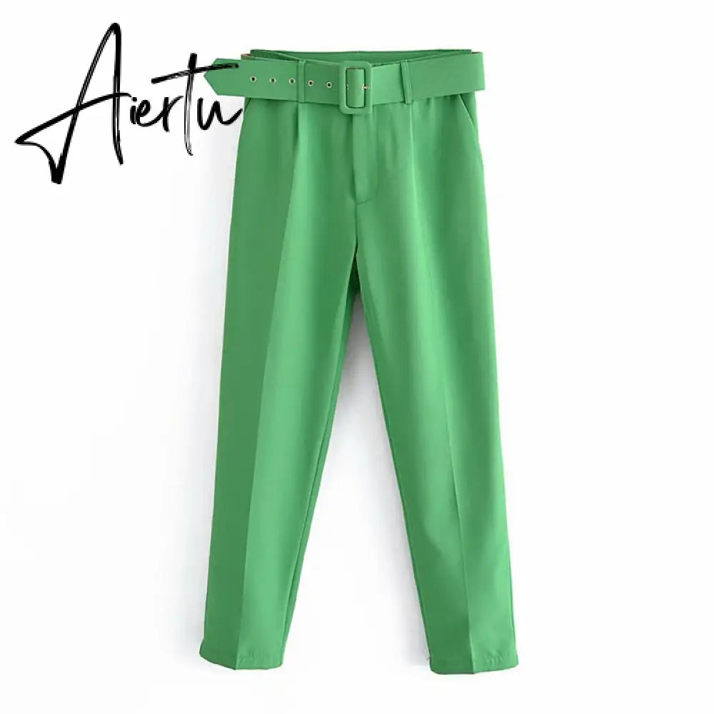 Aiertu  Women's Pants High Waist With Belt Classic Pockets Office Lady Ankle Length Trousers Female Spring Fashion Pink Harem Pants Aiertu